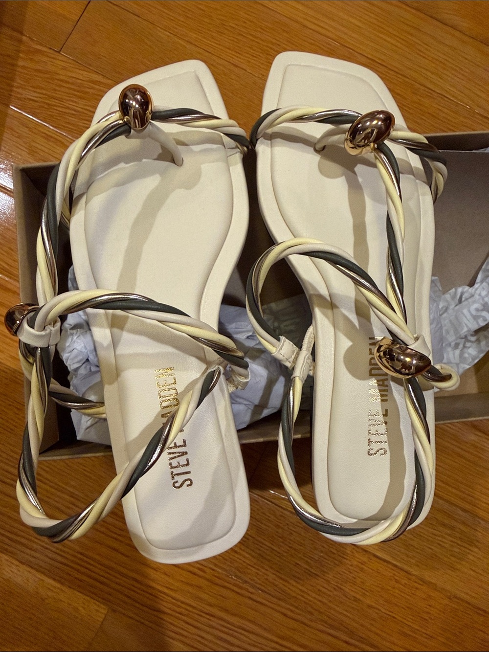 Steve Madden Cream and Metallic Twisted-Strap Sandals